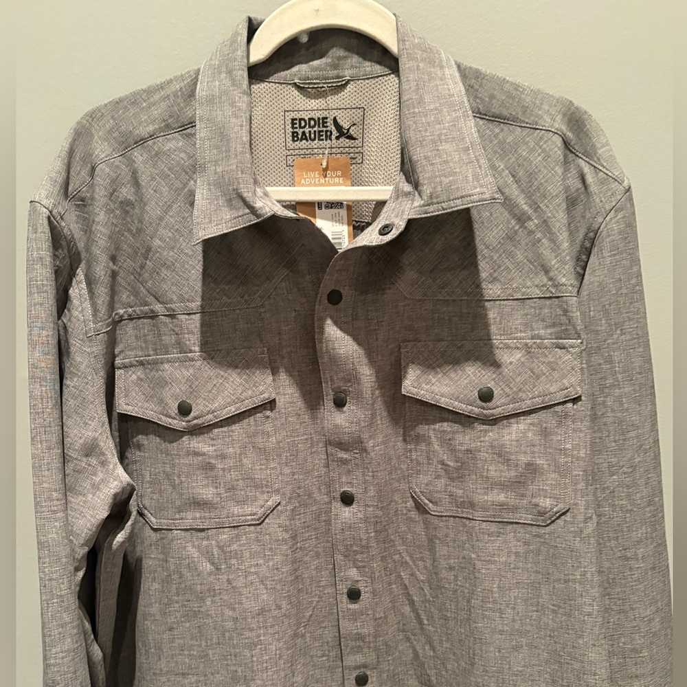 Eddie Bauer Front Range Chambray Shirt TXL Carbon Gray Snap Button NWT